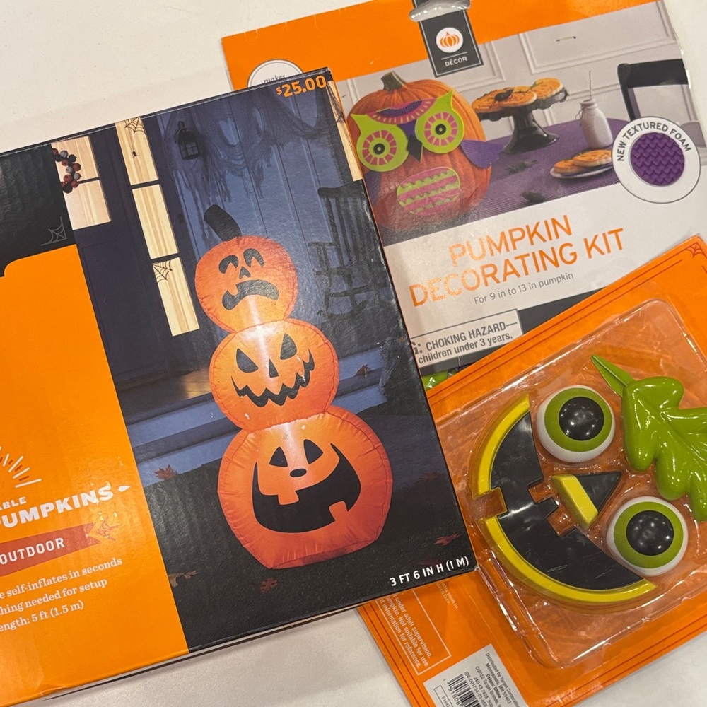 Inflatable Orange Pumpkin Stack with Owl Decorating Kit